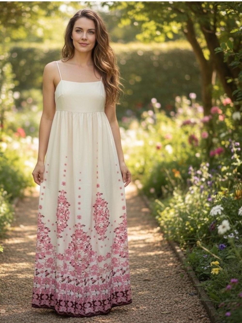 Commense Cream Maxi Dress with Pink Floral Border, size Medium empire waist